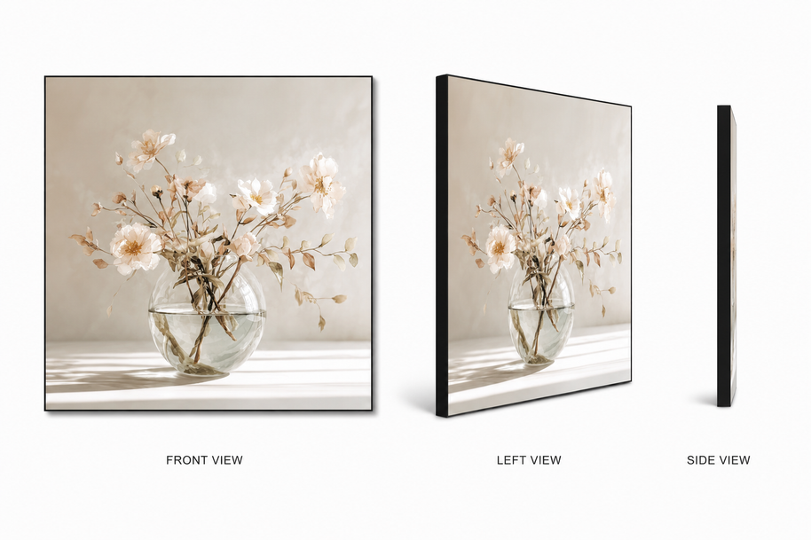 Sunlit Bouquet — ivory and peach bouquet on swappable fabric wall art, shown in a 24x24 inch Framilie aluminum frame from front, angle and side