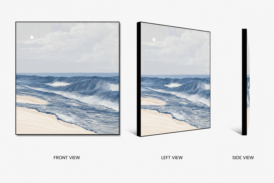 Tidal Drift — soft tidal lines on swappable fabric wall art, shown in a 24x24 inch Framilie aluminum frame from front, angle and side