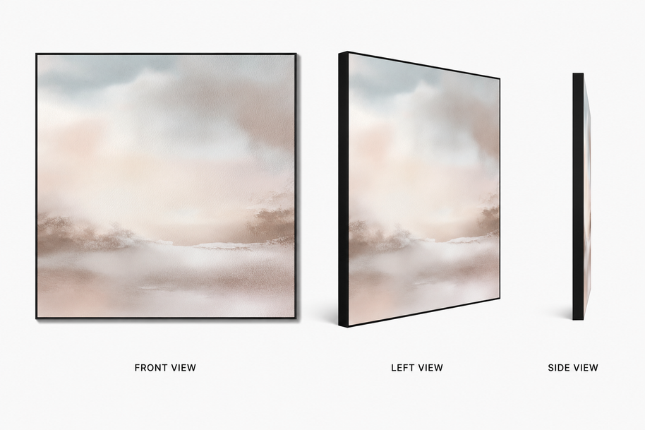 Veil of Dawn — pale dawn landscape on swappable fabric wall art, shown in a 24x24 inch Framilie aluminum frame from front, angle and side
