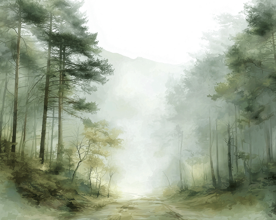 Woodland wall art print with soft trees and muted tones, calm natural decor for modern interiors