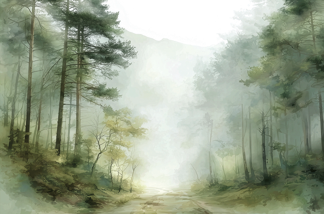 Woodland wall art print with soft trees and muted tones, calm natural decor for modern interiors