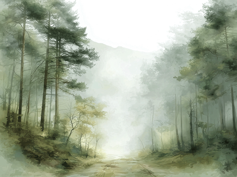 Woodland wall art print with soft trees and muted tones, calm natural decor for modern interiors