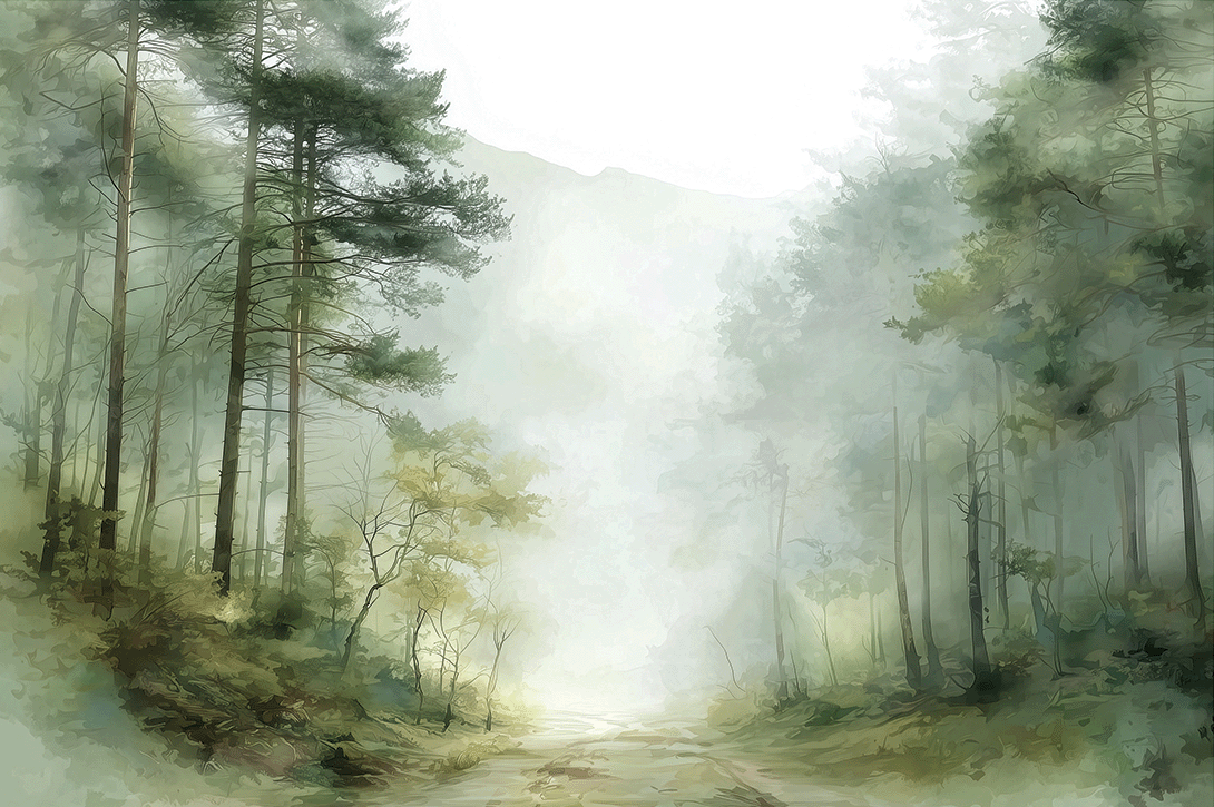 Woodland wall art print with soft trees and muted tones, calm natural decor for modern interiors