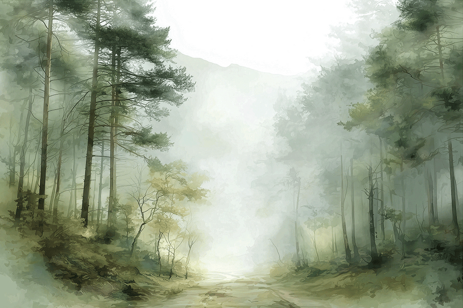 Woodland wall art print with soft trees and muted tones, calm natural decor for modern interiors